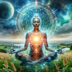 Personas meditando en la naturaleza con energía mística