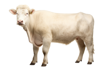 A majestic white cow standing gracefully on a white background