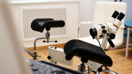 Close-up of a gynecology room in a modern hospital. Concept of pregnancy, modern medicine and medical technology.