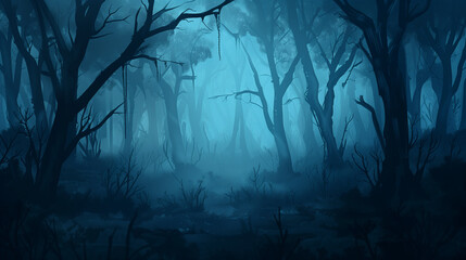 fantasy Dark nightmare haunted scary forest with blue filter mist and creepy trees