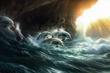 Dolphins Family Pod Swimming Jumping Bottle Nose Group Sea Life Ocean Wildlife - obrazy, fototapety, plakaty