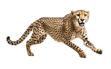 A cheetah with spots and a sleek build sprints gracefully across a white expanse