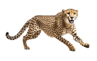A cheetah with spots and a sleek build sprints gracefully across a white expanse