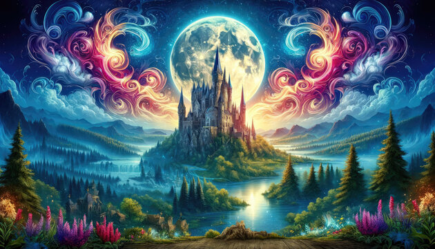 A colorful painting of a castle and a large moon in the sky. The castle is surrounded by a lush green forest and a river. The sky is filled with stars and the moon is shining brightly