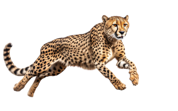 Majestic cheetah leaping through the air on white background