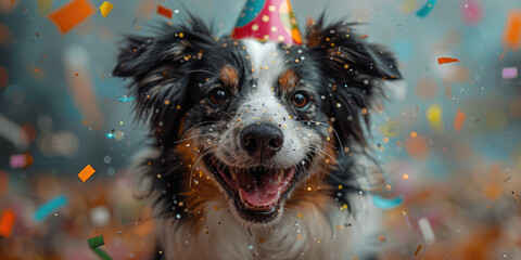 Photo of happy border collie wearing a party hat, with confetti flying around creating a birthday atmosphere, taken as a wide shot with a blurred background. Created with Ai