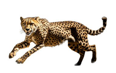 A cheetah, the fastest land animal, gracefully sprints across a white background