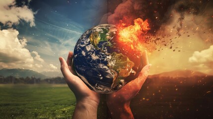 A comparison of the effects of global warming, Half of the picture shows Earth in flames and burning, another half shows lush forest and a clear blue sky. Global Warming theme