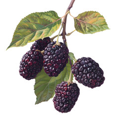 a branch of blackberries with green leaves on a transparent background