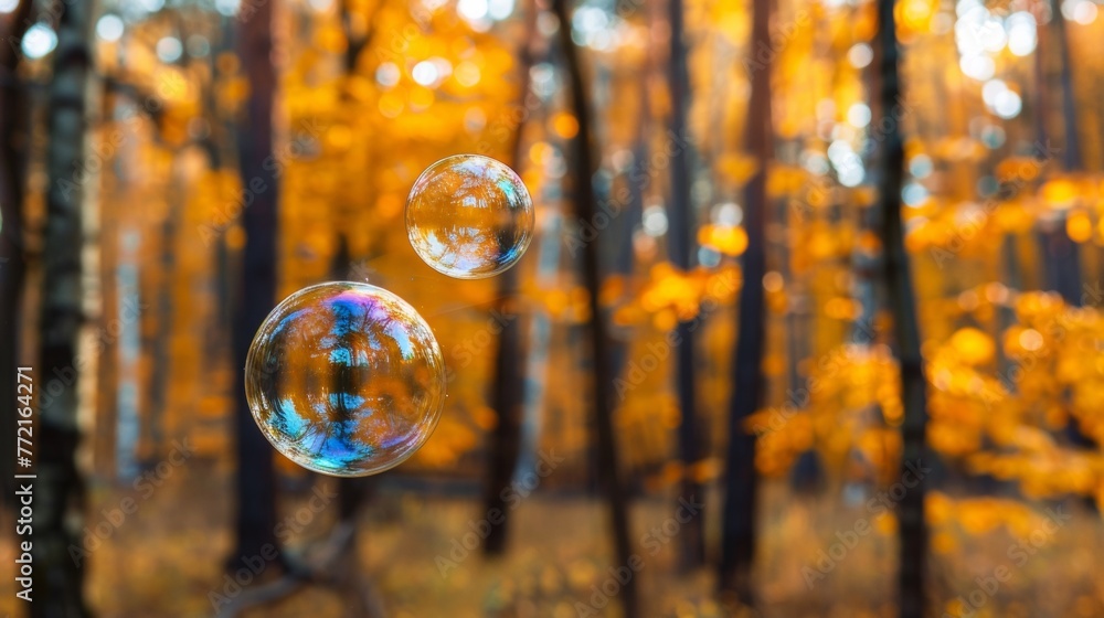 Poster two bubbles floating in a forest with trees and leaves, ai