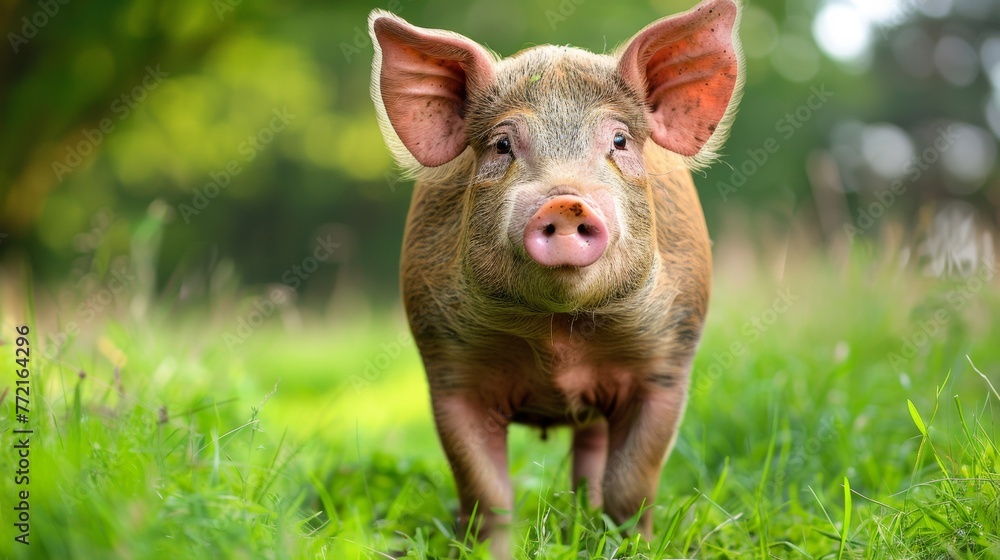 Poster a pig is standing in a field of grass with trees behind it, ai