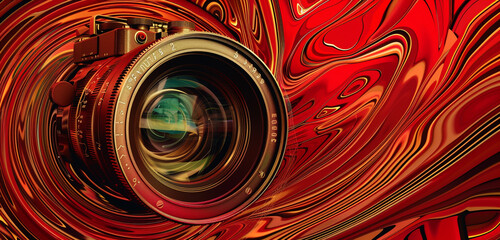 Antique camera lens highlighted by bold pop art swirls against a rich red-themed vector.