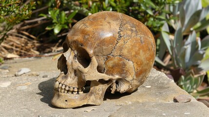 A skull on a rock in front of plants and bushes, AI