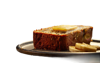 Warm Banana Bread Slice with Creamy Butter on transparent background.