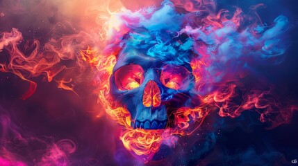 A skull is surrounded by flames and smoke in a dark background, AI - 772164431
