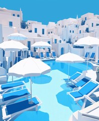 a small outdoor swimming pool with chairs and umbrellas is shown, in the style of aykut aydogdu, advertisement inspired, website, panorama, villagecore, white and blue, double lines  - obrazy, fototapety, plakaty