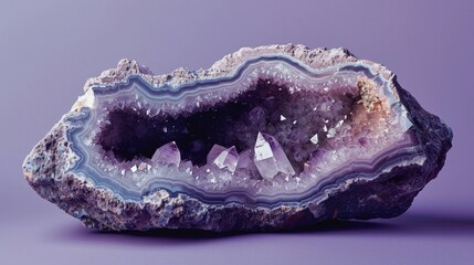 A clay model of a geode split open to reveal crystals inside - obrazy, fototapety, plakaty