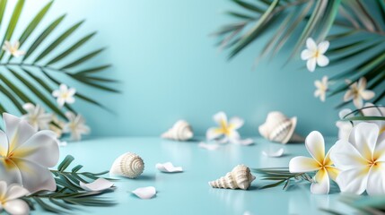 A bunch of flowers and shells on a blue background, AI - 772164665