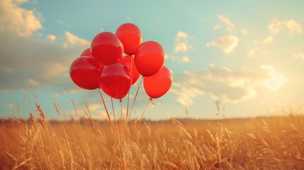 A bunch of red balloons are floating in a field, AI - Powered by Adobe