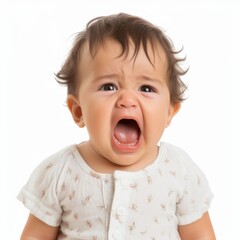 a closeup photo of a cute little baby boy child crying and screaming isolated on white background