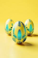 Easter eggs in cyber tech futuristic style on yellow backgrond
