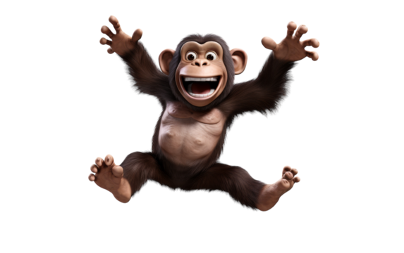 A playful cartoon monkey joyfully jumps high in the air