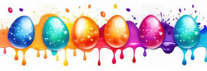 Bright colorful Easter eggs border over white background.