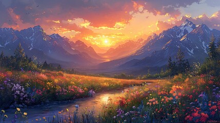 Sunset Serenade A Painting of a Beautiful Mountain Range at Sunset Generative AI