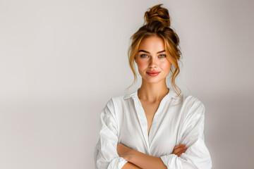 A portrait of a confident young woman in a white shirt, smiling and standing with her arms crossed against a neutral background. - obrazy, fototapety, plakaty