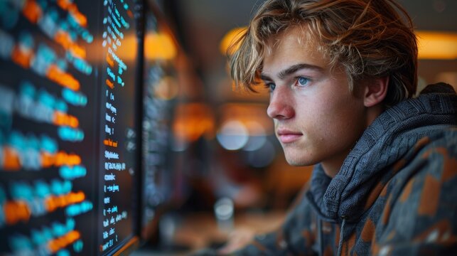 handsome male programmer working on code on his screen
