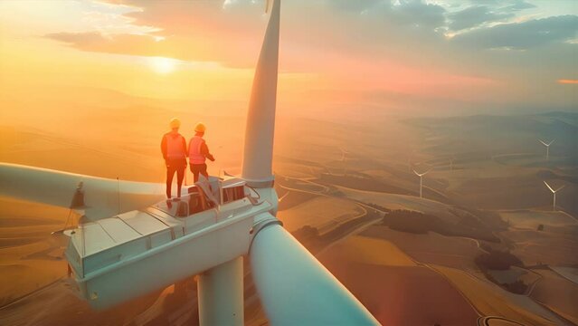 Two Engineers working on top of a large wind turbine