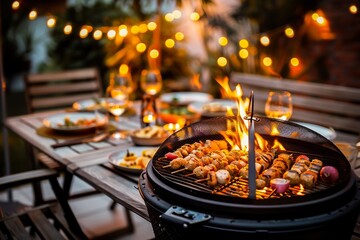 A cozy backyard dinner scene with skewers grilling over flames, wine glasses, and festive lights at dusk. - obrazy, fototapety, plakaty