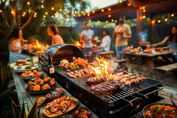 Friends enjoying a festive barbecue party in the backyard with grilled food on a warm summer evening.