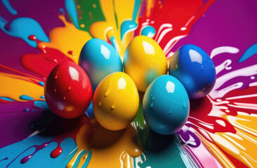 Multicolored Easter eggs with drops and splashes of paints.