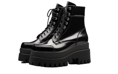 Black platform boots standing on hardwood floor