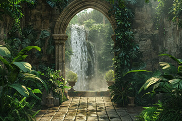 Secret Garden Archway with Cascading Waterfall - obrazy, fototapety, plakaty
