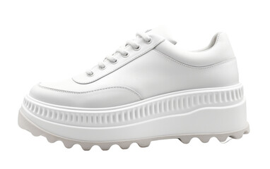 A white shoe balances atop a platform, creating a surreal and whimsical composition
