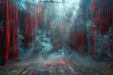 Foggy Theater Curtains A Smoky Atmosphere for Movie Night Generative AI - obrazy, fototapety, plakaty