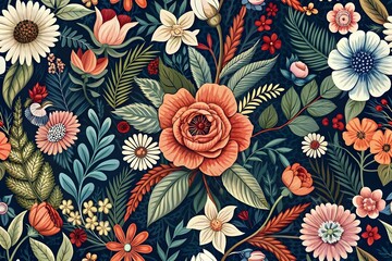 Floral Pattern Vintage Botanical Illustration Colorful Design Artwork