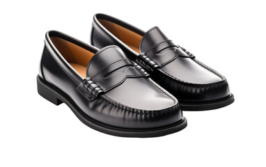 A pair of sleek black shoes standing against a clean white background