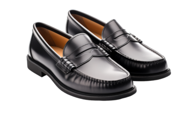 A pair of sleek black shoes standing against a clean white background