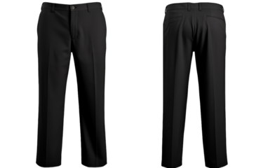 A pair of sleek black pants set against a crisp white background