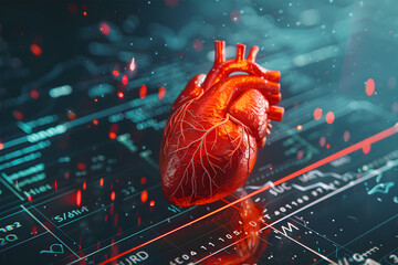 Human heart on ecg graph background. 3d illustration, high quality