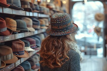 Funky Hat Store Shoppers trying on and exploring funky hats in a specialty hat store