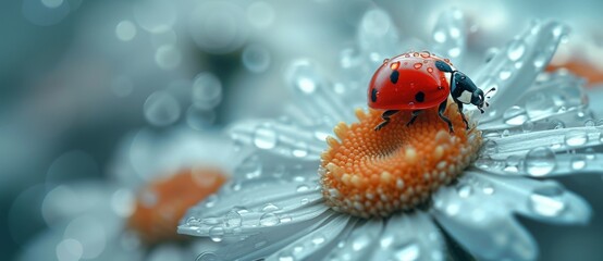 Ladybug resting on daisy with dew drops on petals in natural sunlight on a summer day