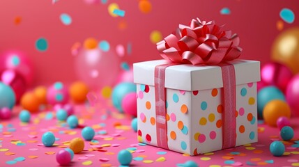 A gift box with a bow and confetti on pink background, AI - 772167822