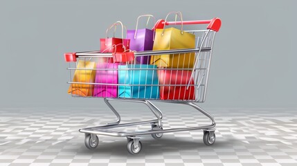 A shopping cart filled with colorful bags on a checkered floor, AI - 772168432