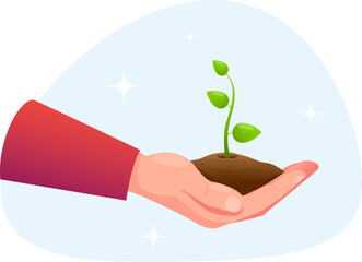 hand holding a handful of earth with a growing green plant sprout - obrazy, fototapety, plakaty