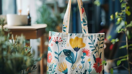 An eco-friendly tote bag decorated with hand-painted designs, promoting sustainability and creativity among kids.