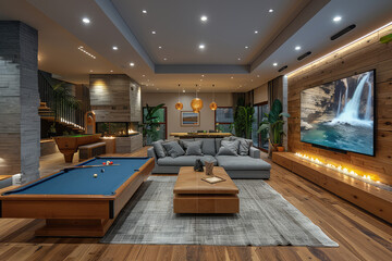 A large living room with an island style pool table, couches and coffee tables, LED lights on the walls, TV screen playing waterfalls, wood floor, natural lighting, interior design. Created with Ai